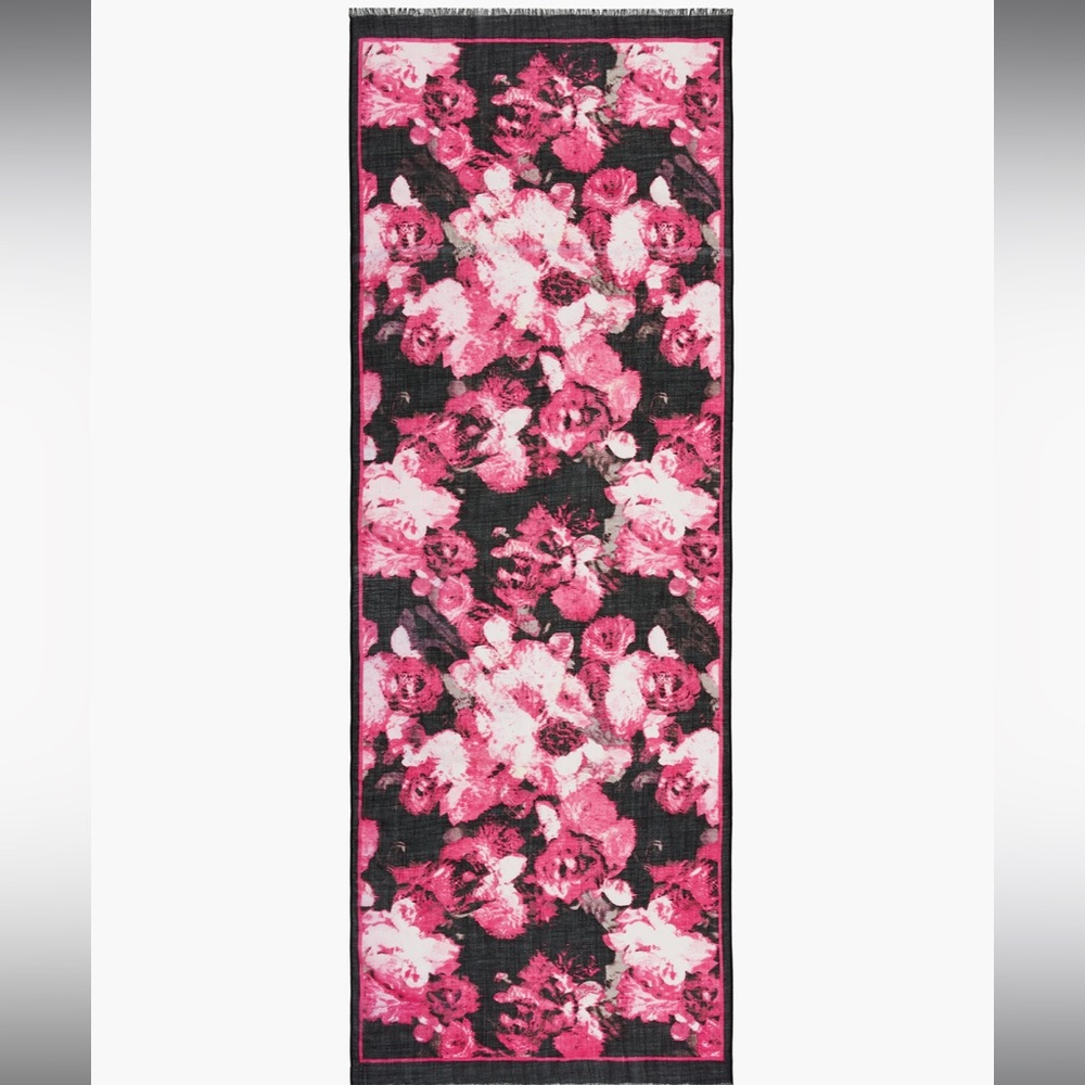Talbots Pink Floral Scarf Silk Wool Blend Bouquet Wrap Fringe 27x72